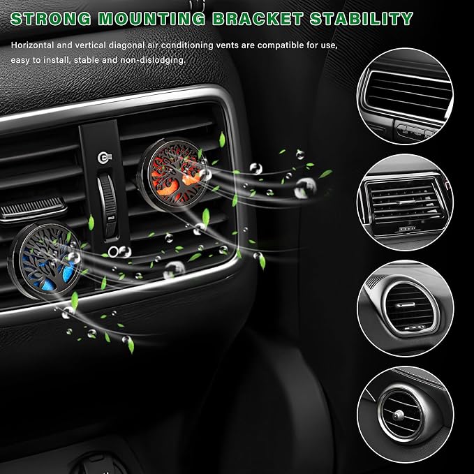 2 PCS 30mm Car Diffuser Vent Clips, Tree of Life Aromatherapy Essential Oil Diffuser Car Clip with 12 Felt Pads, Removable Stainless Steel Air Freshener Lockets for Women Men (Black)