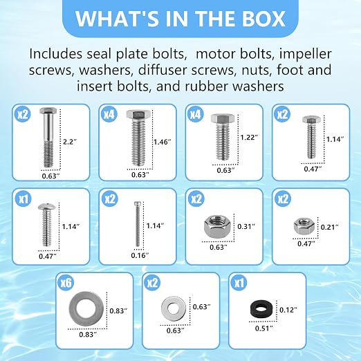 Pool Pump Bolt Kit Replacement for All Pentair Whisperflo Pool and Spa Parts, Seal Plate kit Includes Motor Bolts, Seal Plate Bolts，Impeller Screw Washer and Diffuser Screws
