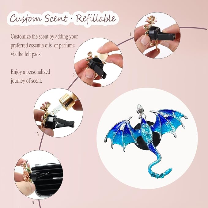 ORIESSE Bling Dragon Car Air Freshener Vent Clip,1pc Rhinestone Blue Dragon Car Decor,Cute Air Vent Clip Dashboard Decoration Accessory,Refillable Animal Diffuser