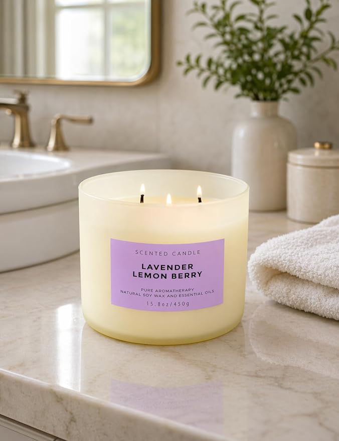 Lavender Lemon Berry Scented Candle | 3-Wick Large Soy Candle 15.8 oz | Highly Scented Aromatherapy Lavender Candle for Women | Calming Floral Lemon Home Scent | Long Lasting Clean Burn