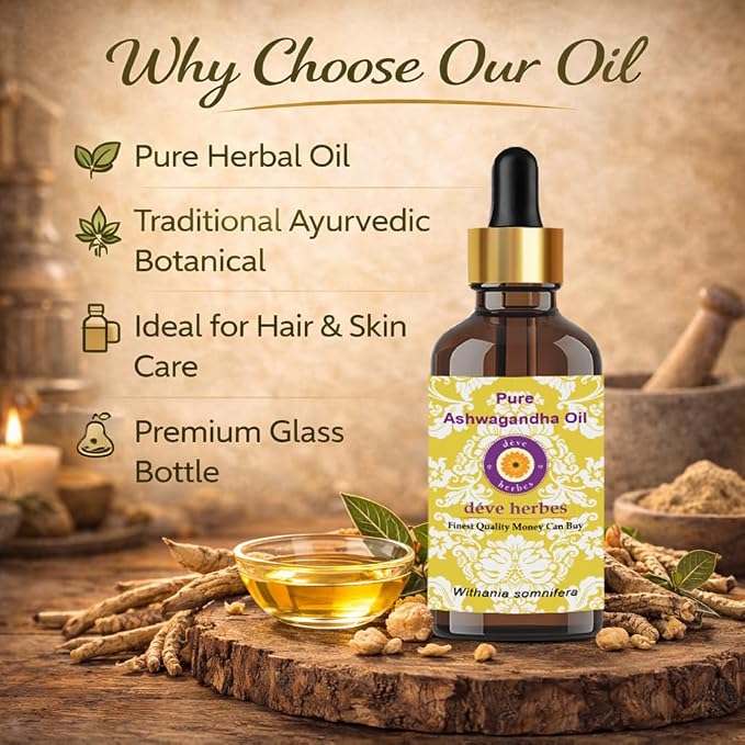 Deve Herbes Ashwagandha Oil (Withania somnifera) with Two Glass Droppers | Infused | Pure | Non-Sticky | Lightweight | for Facial Care | Men & Women | 30ml X 2 (2 oz)