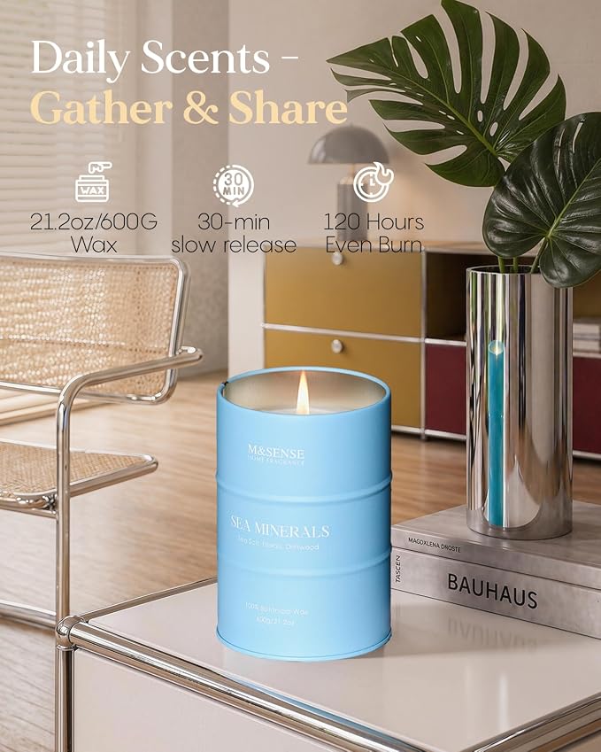 M&SENSE Sea Minerals Scented Candles Ocean Large,21.2 oz | Natural Soy, 21.2oz, 120 Hour Slow Burning, Stress Relief Meditation Relaxing