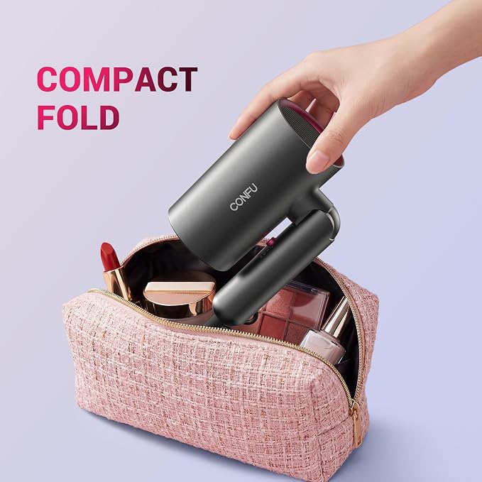 CONFU Diffuser Hair Dryer for Curly Hair,1500W Fast Drying Blow Dryer with Diffuser for Women,Compact & Portable Negative Ion Hairdryer,Mini and Foldable Blowdryer Design for Travel(Gray)
