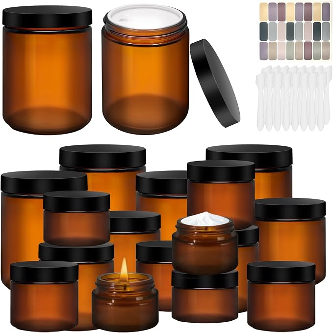 Amber Glass Jars with Lids, 8oz 4oz 2oz 1oz Glass Cosmetic Jars with Inner Liners, Labels & Spatulas, Reusable Lotion Containers for Creams, Body Butter, Scrubs, DIY Cosmetics – 16 Pack
