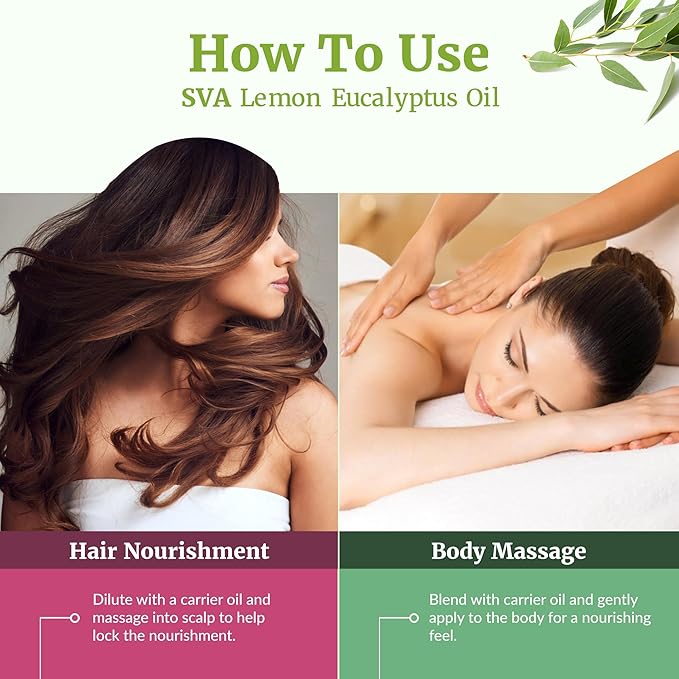 SVA Lemon Eucalyptus Essential Oil 4 Fl Oz – for Diffuser, Skin & Hair Care – Ideal for Massage & DIY Blends - with Dropper