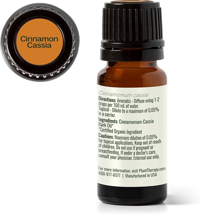 Plant Therapy USDA Certified Organic Cinnamon Cassia Essential Oil 10 mL (1/3 oz) 100% Pure, Undiluted, Cozy Aroma, Soothes Sore Muscle