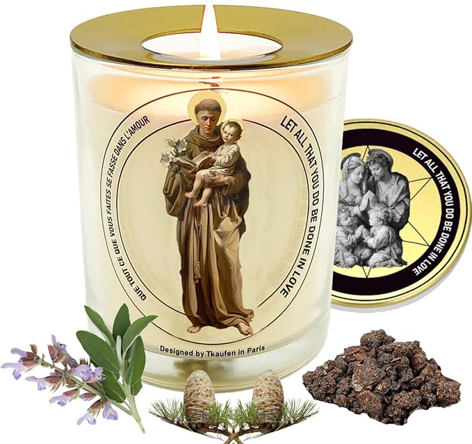 Saint Anthony of Padua Frankincense Sage Scented Candle 50 Hours with Warmer Ring│Hand-Poured Soy Wax│Find Lost Item, Marriage Fertility Exam, Ailment, Protection, Job Miracle│Design in Paris│3“×3.6”