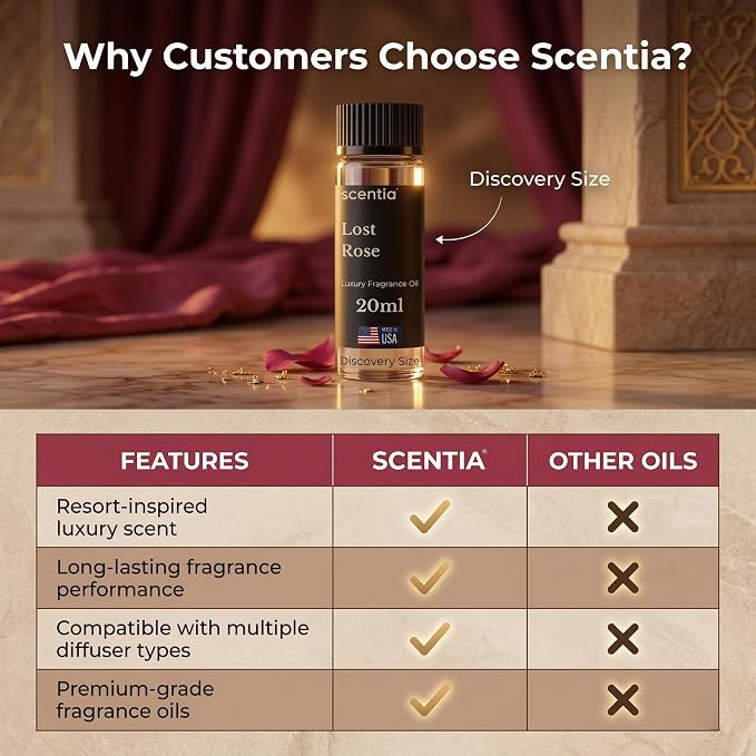 Scentia Lost Rose Aromatherapy Oil for Diffuser – Hotel Scent Inspired by Fairmont – 20 mL – Rose, Oud Wood & Clove Natural Fragrance Oil for Waterless & Cold Air Diffusers, Made in USA