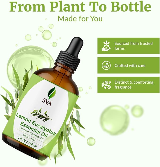 SVA Lemon Eucalyptus Essential Oil 4 Fl Oz – for Diffuser, Skin & Hair Care – Ideal for Massage & DIY Blends - with Dropper