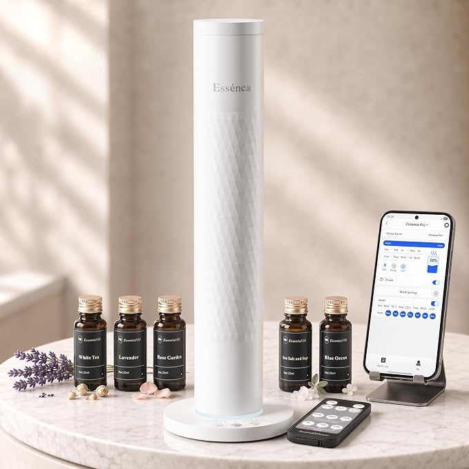 Waterless Scent Diffuser with 5 Essential Oils Starter Kit, Cold Air Diffuser Up to 1000 Sq.ft for Large Room, Home Office, Hotels,Spas, Cordless Scent Machine with App Control, Mood Light