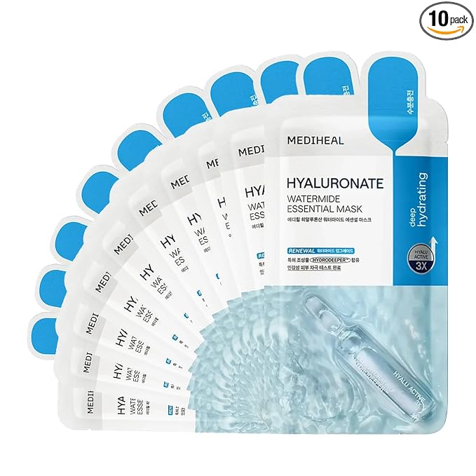Mediheal Best Korean Hyaluronate Watermide Essential Face Mask - Hydrating and Moisturizing Sheet Masks With Hyalu Active 3x For All Skin Types (10 Count)