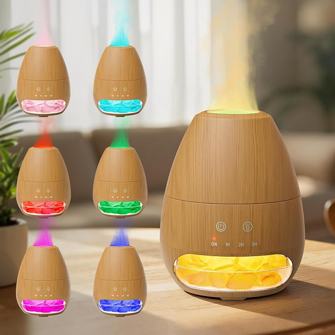 Ultrasonic Essential Oil Diffuser with Himalayan Salt Rock,Flame Diffuser with 7 LED Light,100ML Small Aromatherapy Oil Diffuser with Auto Off Function for Home, Office,Spa,Wooden Grain