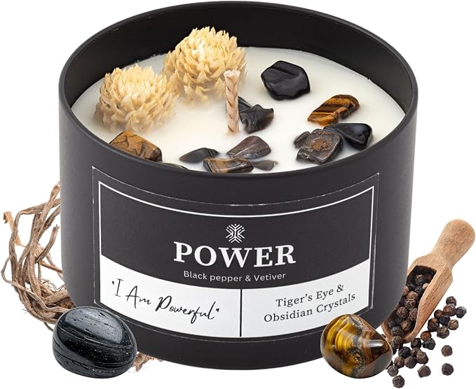 Power Crystal Candle for Meditation, 8oz Scented Candles with Tigers Eye and Obsidian Healing Crystals, Black Pepper Vetiver Aroma for Good Fortune, Spiritual Room Decor Great Gift for Women and Men