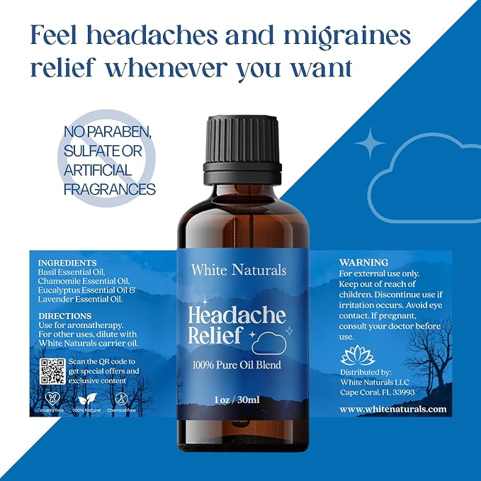 White Naturals Headache Relief Essential Oil Blend – Soothing Aromatherapy Oil for Tension & Headache Relief, 100% Pure & Natural Essential Oils for Calm & Relaxation, 1oz