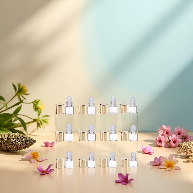 12Pcs Gold Glass Roll-on Bottles for Essential Oils,1ml,Mini Glass Roll on Bottles Roller Refillable Essential Oil Aromatherapy Sample Vials Roller Container,Refillable Cosmetic Roller Bottles