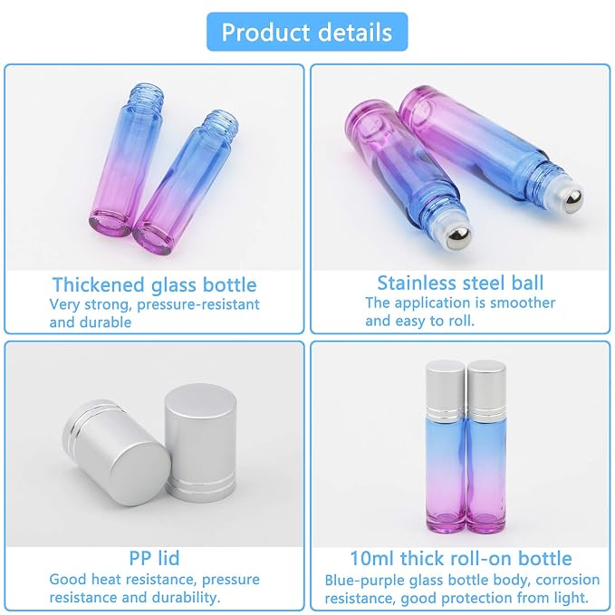 10Pcs Glass Roller Bottles Set, 10ml (1/3oz) Blue Purple Gradient Roll on Vials with Funnels for Essential Oil Aromatherapy Perfume Liquid Massage