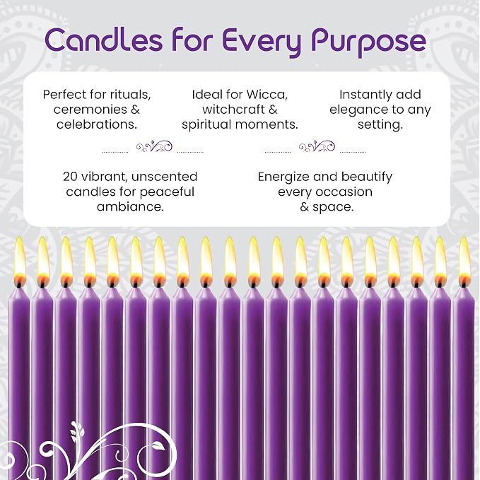 Set of 20 Solid Color Taper Candles – 4-Inch Dripless Paraffin Wax Candles with Cotton Wick – Ideal for Weddings, Shabbat, Holiday & Home Decor, Gift Set (Purple)