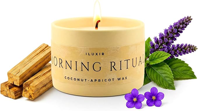 Palo Santo & Sandalwood Scented Candle, 5Oz Coconut Apricot Wax, Aromatherapy Candle for Yoga, Meditation & Morning Ritual, Non-Toxic Phthalate-Free, Vegan, Clean Burn- Perfect for Luxury Gift
