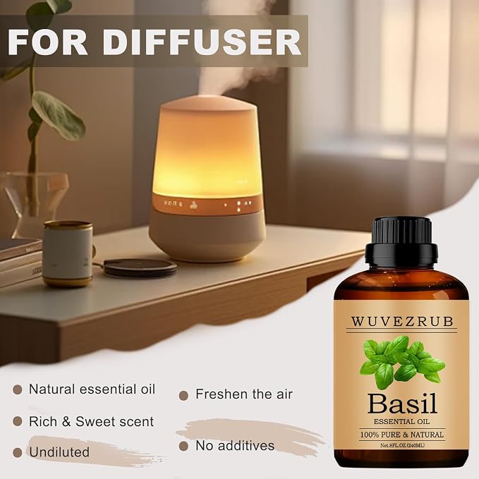 Basil Essential Oils 240ML, 100% Pure and Natural Essential Oil for Aromatherapy Diffuser - 8 Fl Oz/Basil