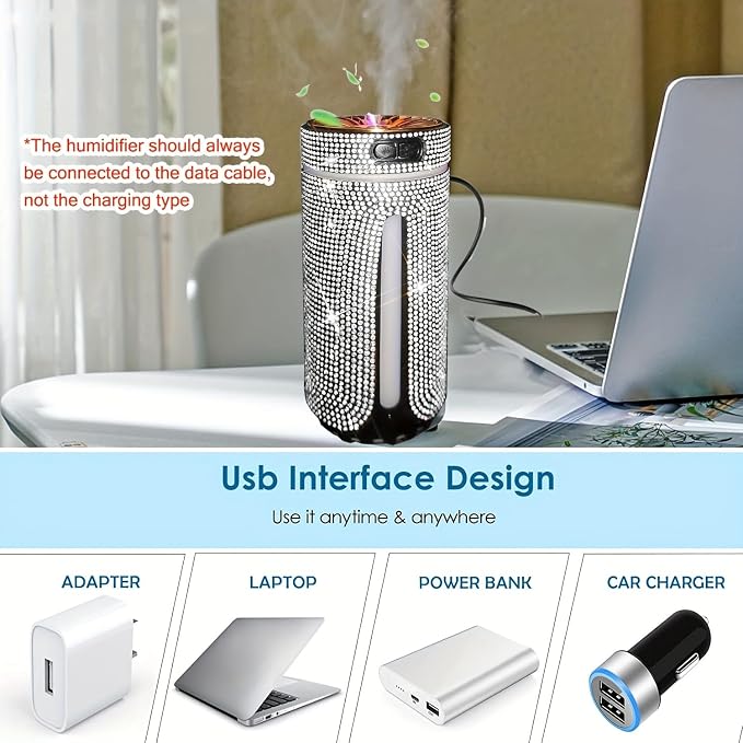 Bling Rhinestone Car Diffuser Humidifier USB Car Essential Oil Car Diffuser Humidifier Aromatherapy Portable Mini Humidifier for Car, Office, Room (White)
