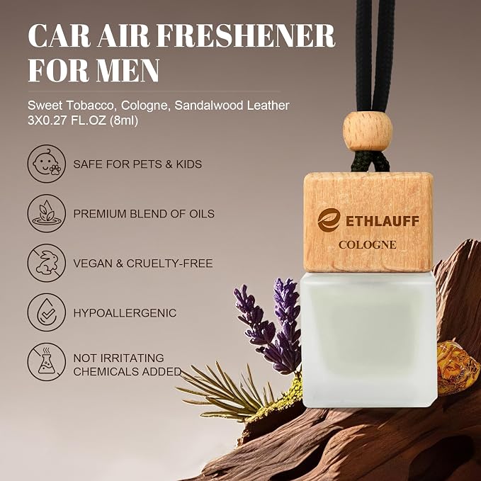 Car Air Freshener Hanging 3 Pack, Air Fresheners Diffuser - Leather, Cologne, Sweet Tobacco Fragrance Oil Air Diffuser for Men, 45+ days Long Lasting Fragrance 0.27 FL OZ/8ML