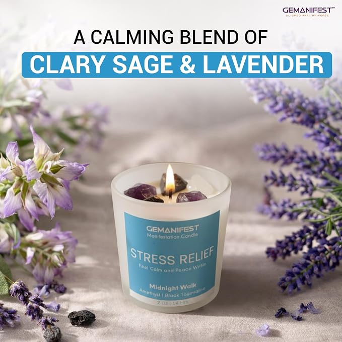 Stress Relief Manifestation Crystals Candle, Amethyst and Black Tourmaline Lavender Clary Sage Scented Soy Candle, Valentine's Gift for Her/Him, Women's Wellness & Spiritual Healing