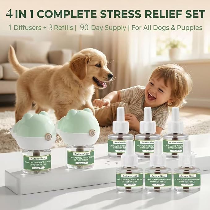 Dog Calming Diffuser Plug-in with Gentle Night Glow, 3 Refills Kit for Behavioral Support, Stress Soothing Aid for Pets During Travel, Thunder, Vet Visits, Fireworks, Safe Formula, 90 Days Supply