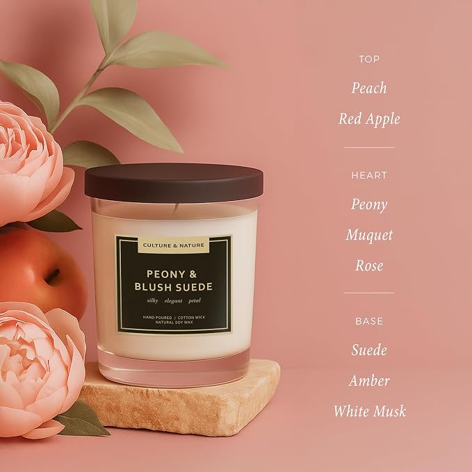 CULTURE & NATURE Natural Soy Wax Candle 7oz Peony & Blush Suede Scented