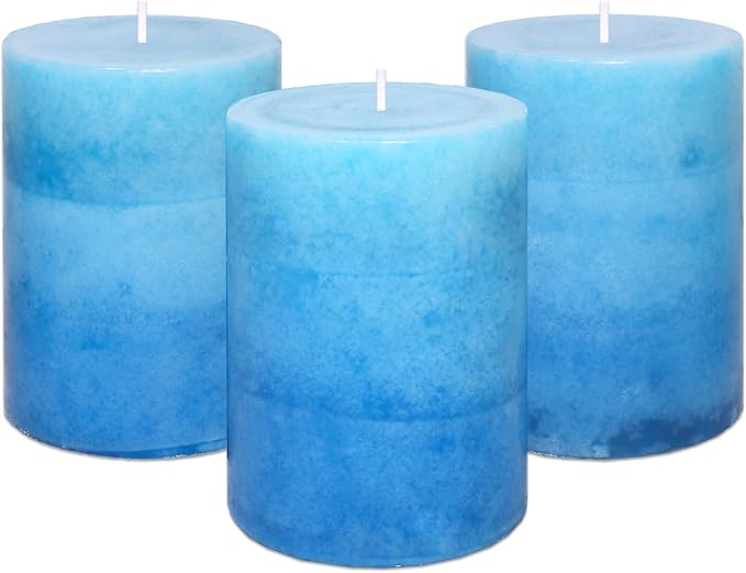 3x4 Inche Pillar Candles Ocean Scented Aromatherapy Candles Long Lasting Burn Blue Mottled 3-Layered Candles for Home Scented, SPA, Restaurant, Set of 3, Immeiscent