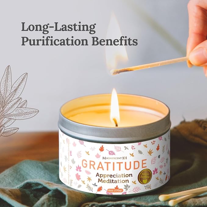 MAGNIFICENT 101 Gratitude Candle - 6 Oz Red Soy Wax - 35 Hour Burn Time & Paraffin Free - Sage Aromatherapy & Energy Cleansing - Meditation & Manifestation Candle