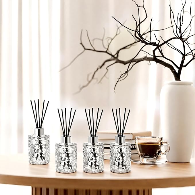 4 Set Empty Reed Diffuser Bottle Set with Stick, 150ml Refillable Patterned Glass Vase with Black Rattan Reed & Cap for DIY Essential Oil, Home Fragrance, Bulk,Silver