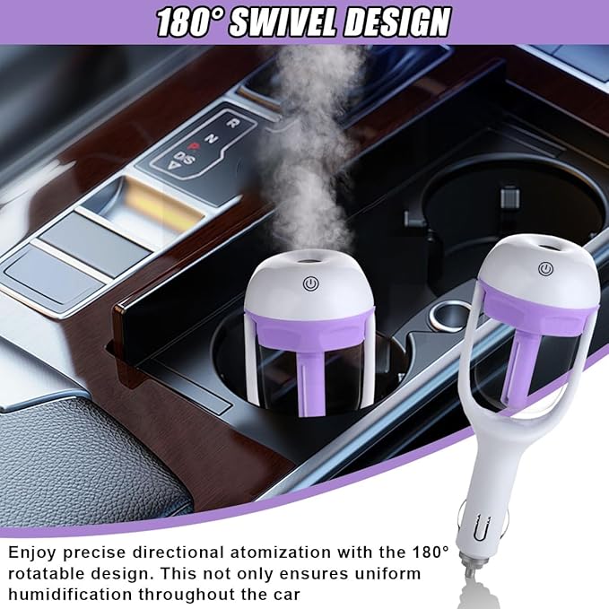 Car Humidifier, Portable Mini Aromatherapy Essential Oil Diffuser, 180-Degree Rotation Cool Mist Humidifier, Vehicle Air Freshener Diffuser with 12V Charging Port for Home Office (Purple)