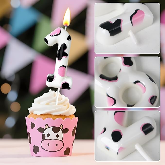 Number 1 Birthday Candle for Cake – Cow Print Design in White Black Pink – Farm Theme & Cowgirl Party Cake Topper Decoration