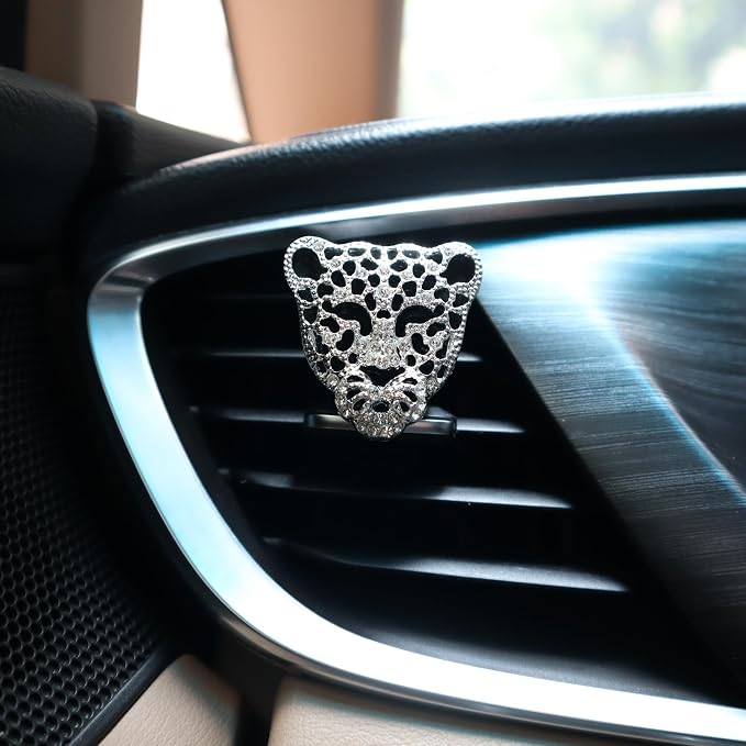 ORIESSE Leopard Car Accessories,2pcs Silver Leopard Head Car Air Freshener Vent Clip for Women Teens,Refillable Essential Oils Perfumes Diffuser
