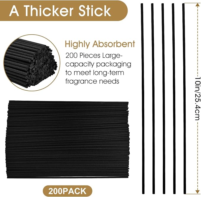 10-Inch Black Reed Diffuser Sticks - 200Pack Fiber Aromatherapy Reeds for Essential Oil, Home, Office and Spa - Diffuser Refills