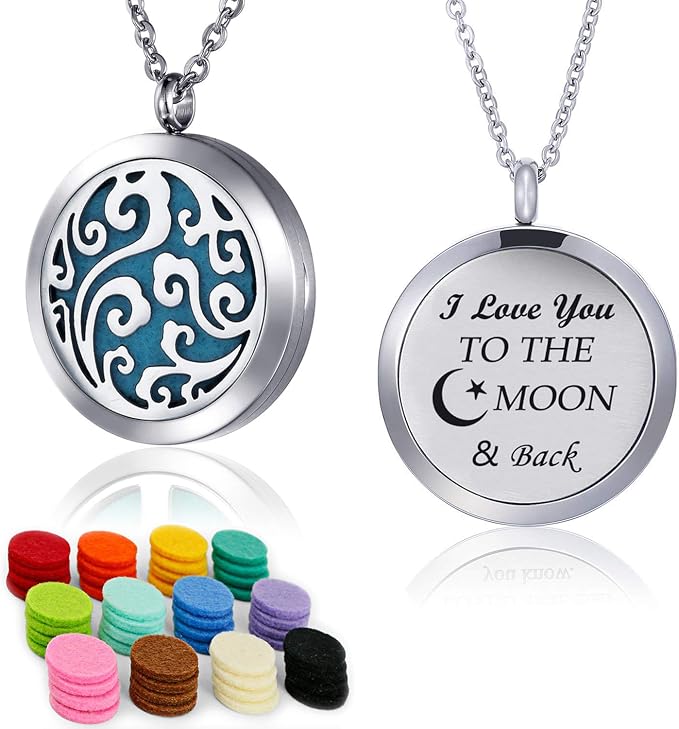 Essential Oil Necklace Diffuser Family Tree of Life Necklace Pendant Aromatherapy Locket 49 Refill Pads (Cloud Diffuser Locket)