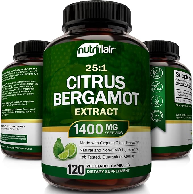 NutriFlair Organic Citrus Bergamot 1400mg, 120 Capsules - 25:1 Bergamia - Essential Oil and Citrus Bioflavonoids - Natural Heart Health Supplements for Women and Men - Non-GMO Pills