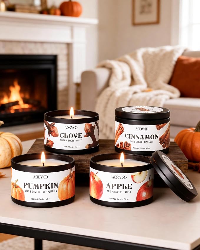 AOOVOO 4 Pack Fall Scented Candles - Pumpkin, Cinnamon, Clove Cinnamon, Apple Cinnamon Candle Set, 26oz 200 Hours Long Lasting, Soy Wax Candles Non Toxic for Home Fragrance Autumn Decor Gift