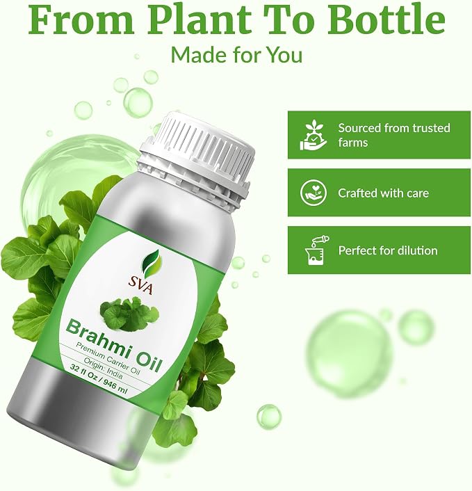 SVA Brahmi Oil - 32 Fl Oz – 100% Natural Cold Pressed Brahmi Oil - for Face, Skin Care, Hair Care, Scalp Massage & Body Massage – Carrier Oil