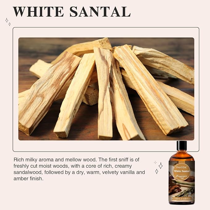 PHATOIL 3.38FL.OZ White Santal Fragrance Oils for Aromatherapy, Essential Oils for Diffusers for Home, Perfect for Diffuser, Yoga, Skin Care, DIY Candle and Soap Making - 100ml