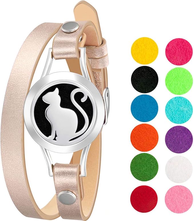 Wild Essentials Pretty Kitty Cat Essential Oil Bracelet Diffuser, Leather Wrap Band, Stainless Steel Locket Pendant, 12 Color Refill Pads, Customizable Color Changing Perfume Jewelry for Aromatherapy