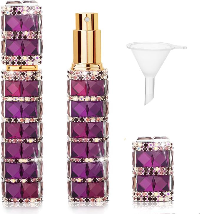 Travel Perfume Atomizer Refillable Bottle, 12ml Rhinestone Mini Perfume Bottles Empty Refillable Travel Atomizer Sprayer with Funnel (Purple)