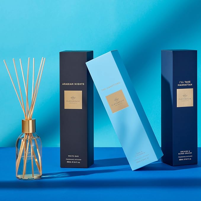 Glasshouse Fragrances The Hamptons 2 Pack Reed Diffuser, Home Fragrance & Perfume Scented Room Decor, Natural & Oil Free,Teak & Petitgrain, 2 x 8.5 Oz (250mL)