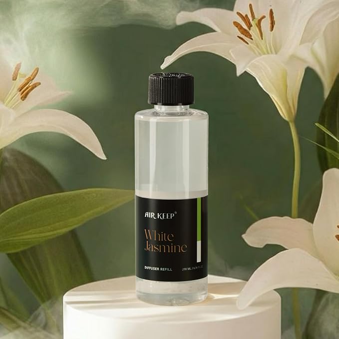 Airkeep White Jasime Reed Diffuser Refill – 6.76 fl oz – Premium Scented Oil for Home Aromatherapy – Long-Lasting Fragrance for Reed Diffusers – Perfect for Bathroom, Bedroom & Home Decor