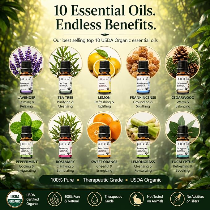 PURA D'OR Organic Perfect10 Essential Oils Set - 10x 10mL Wood Box Aromatherapy Gift Set - 100% Pure Therapeutic Grade for Relaxation and Wellness (Lavender, Peppermint, Eucalyptus, Tea Tree & More)