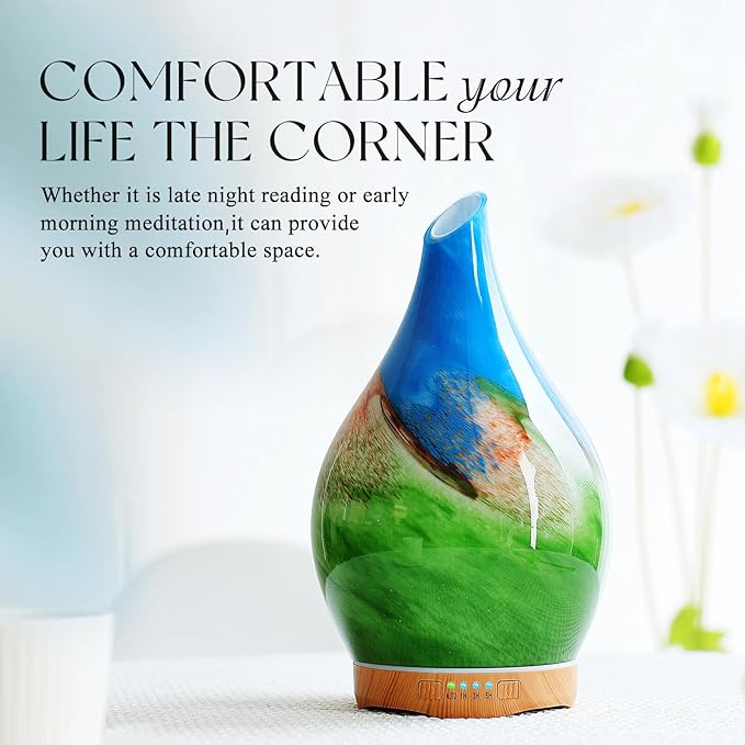 Porseme 280ml Essential Oil Diffuser Glass Color Changing Aroma Air Diffusers Aromatherapy Ultrasonic Cool Mist Humidifier with Remote Control 7 Running Hours Waterless Auto-Off (Blue Grass)