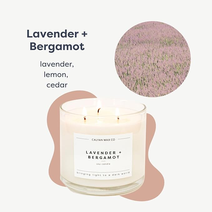 Calyan Wax Co. Lavender & Bergamot 3 Wick Scented Candle - 43 Hour Burn - Luxury 3 Wick Soy Candles - Soy Wax Candles - Long Lasting Large Glass Jar Candle for Home - 14.9oz