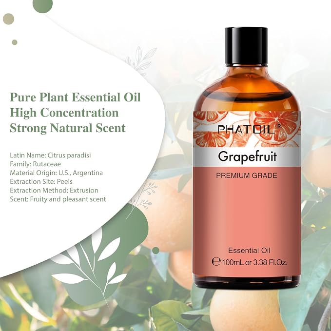 PHATOIL 3.38FL.OZ Grapefruit Essential Oil with Glass Dropper, for Aromatherapy Diffusers, Humidifiers, Great for DIY Candle and Soap Making, Huge 100ML Bottle