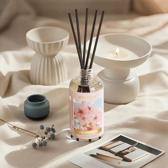 Airkeep Reed Diffuser Oil Refill with Diffuser Sticks, 6.76 Fl Oz(200ml) Cherry Blossom Scented Oils, Aroma Therapy, Home Fragrance & Air Freshener, Office Décor, Decoration