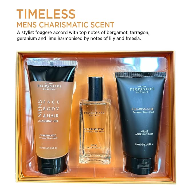 Pecksniff's Fragrance Gift Sets Luxurious, Handcrafted in England (Men's Charismatic Trio: Eau de Toilette, Aftershave Balm, Cleansing Gel Set)